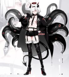 abs adoptable androgynous belt belt_buckle black_belt black_collar black_gloves black_hairband black_shorts boots buckle chariko collar commentary demon_horns demon_tail dripping english_commentary extra_eyes frown full_body garter_belt garter_straps gender_request gloves hair_over_one_eye hairband halo hand_on_own_hip high_heel_boots high_heels highres horns inverted_cross_earrings lip_piercing nipple_piercing original piercing red_eyes short_shorts shorts solo tail tentacles thigh_strap white_hair zoom_layer