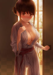 Rule 34 | 1girl, absurdres, asaba0327, blush, breasts, brown eyes, brown hair, cleavage, commentary request, embarrassed, female pubic hair, highres, indoors, japanese clothes, kimono, large breasts, looking at viewer, no bra, nose blush, original, pubic hair, see-through, see-through silhouette, short hair, sidelocks, solo, standing, sweat, wet, wet hair, wide sleeves, yukata