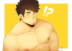 Rule 34 | !?, 1boy, abs, absurdres, bara, blush, brown hair, chest hair, facial hair, fujimachine (clayten), goatee, highres, large pectorals, long sideburns, looking at viewer, male focus, mature male, muscular, muscular male, nipples, nude, original, out-of-frame censoring, pectoral focus, pectorals, short hair, sideburns, solo, spiked hair, stubble, upper body