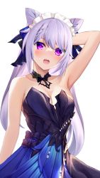 Rule 34 | 1girl, armpits, bad id, bad pixiv id, bare arms, black choker, blue bow, blush, bow, breasts, choker, cleavage, collarbone, cone hair bun, genshin impact, hair bow, hair bun, highres, keqing (genshin impact), long hair, looking at viewer, medium breasts, niduannowu, open mouth, red eyes, silver hair, simple background, solo, strapless, sweatdrop, twintails, very long hair, white background