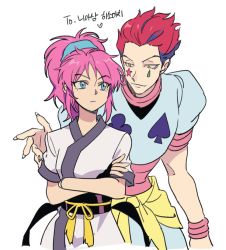 Rule 34 | 1boy, 1girl, blue eyes, closed mouth, commentary request, crossed arms, facial mark, fingerless gloves, fingernails, gloves, hair between eyes, hair slicked back, height difference, hisoka morow, hunter x hunter, hxhnyam, japanese clothes, kimono, looking at another, machi komacine, medium hair, mixed-language commentary, obijime, pink hair, ponytail, red hair, sash, short sleeves, simple background, smile, star (symbol), star facial mark, teardrop facial mark, upper body, white background, white kimono, yellow eyes