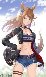 Rule 34 | 1girl, absurdres, animal ears, artist name, bandeau, belt, black belt, black choker, blonde hair, blue eyes, blue nails, blue sky, blush, bow, breasts, chain, chariot (teachariot828), choker, cleavage, closed mouth, cloud, collarbone, commentary request, cowboy shot, cutoffs, day, denim, denim shorts, ear bow, gloves, gold chain, gold city (umamusume), groin, hand on own hip, highres, horse ears, horse girl, horse tail, jacket, long hair, long sleeves, looking at viewer, medium breasts, midriff, nail polish, navel, open clothes, open jacket, partial commentary, short shorts, shorts, sidelocks, single glove, skindentation, sky, smile, solo, standing, striped bandeau, swept bangs, tail, thigh strap, umamusume, white gloves