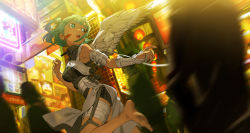 Rule 34 | 1girl, absurdres, angel wings, aqua eyes, aqua hair, armor, barefoot, blunt bangs, blurry, breasts, chinese text, city, city lights, cityscape, commentary, crowd, earpiece, exoskeleton, headset, highres, holster, huge filesize, lantern, looking back, medium breasts, motion blur, multiple others, open mouth, original, running, science fiction, shirt, short hair, short shorts, shorts, sidelocks, sleeveless, sleeveless shirt, thigh strap, traffic light, turtleneck, wings, yoneyama mai