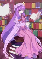 Rule 34 | 1girl, alzbern, blue bow, blue ribbon, blunt bangs, blush, book, book stack, bookshelf, bow, capelet, closed mouth, crescent, crescent hat ornament, dress, floating, floating book, floating object, glint, hair bow, hat, hat ornament, hat ribbon, highres, library, long hair, long sleeves, looking at viewer, mixed-language commentary, mob cap, open book, own hands together, patchouli knowledge, pentagon (shape), pink dress, purple eyes, purple hair, red bow, red ribbon, ribbon, robe, sitting, sitting on books, solo, striped clothes, striped dress, touhou, twitter username, vertical-striped clothes, vertical-striped dress, very long hair, watermark