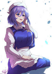 Rule 34 | 1girl, :d, absurdres, apron, blue dress, blue eyes, blush, breasts, dress, dutch angle, foot out of frame, hair between eyes, hand on own cheek, hand on own face, highres, juliet sleeves, keenii (kenny86), large breasts, letty whiterock, long sleeves, looking at viewer, open mouth, petals, puffy sleeves, purple hair, seiza, short hair, simple background, sitting, smile, solo, touhou, waist apron, white background