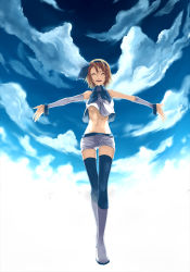 Rule 34 | 1girl, bad id, bad pixiv id, blonde hair, boots, breasts, closed eyes, cloud, detached sleeves, hair ornament, hair ribbon, hairclip, kagamine rin, midriff, navel, open mouth, outstretched arms, ribbon, rioko, short hair, shorts, sky, smile, solo, spread arms, striped clothes, striped thighhighs, thighhighs, underboob, vertical-striped clothes, vertical-striped thighhighs, vocaloid