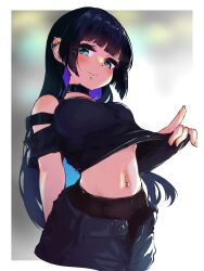 Rule 34 | 1girl, absurdres, aqua eyes, arm at side, black choker, black hair, black shirt, blue pants, blunt bangs, blurry, blurry background, blush, bocchi the rock!, choker, closed mouth, clothes lift, clothing cutout, colored inner hair, cropped torso, ear piercing, goth fashion, grey background, highres, lifted by self, lip piercing, looking at viewer, megateru, multi-strapped shirt, multicolored hair, navel, navel piercing, open fly, outline, pa-san, pants, piercing, shirt, shirt lift, short sleeves, shoulder cutout, sidelocks, smile, solo, white outline