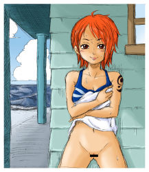 Rule 34 | 1girl, bar censor, bare shoulders, blush, border, breasts, brown eyes, censored, clothes lift, cloud, dress, dress lift, kurita, lifting own clothes, looking at viewer, medium breasts, nami (one piece), no panties, ocean, one piece, orange hair, outdoors, pussy, skirt, skirt lift, sky, smile, solo, sweat, tank top, tattoo, thighs, undressing, white border