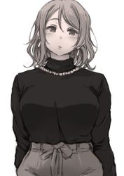 Rule 34 | 1girl, arms at sides, ayumu-k, blush, earrings, frown, greyscale, highres, jewelry, long sleeves, looking at viewer, love live!, love live! sunshine!!, monochrome, necklace, pants, shirt, short hair, simple background, smile, solo, turtleneck, watanabe you, white background