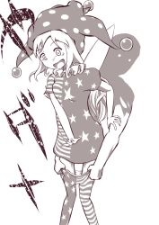 Rule 34 | 1boy, 1girl, american flag dress, american flag legwear, breasts, clownpiece, collar, faceless, faceless male, fairy wings, frilled collar, frills, hat, highres, japanese text, jester cap, katsura dendou, leggings, leggings pull, long hair, looking down, monochrome, nervous, open mouth, panties, panty pull, polka dot headwear, short sleeves, sidelocks, simple background, sketch, small breasts, solo focus, spot color, standing, tears, touhou, underwear, white background, wide-eyed, wings