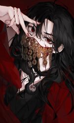 Rule 34 | 1boy, absurdres, arm up, bishounen, black hair, black nails, blood, blood on face, chinese clothes, coat, coin, dao gui yi xian, hanfu, highres, holed coin, li huowang, long hair, long sleeves, looking at viewer, male focus, mouth veil, nidexintu, red coat, red pupils, solo, upper body, veil, wide sleeves