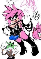 Rule 34 | 1girl, amy rose, animal ears, boots, breasts, cat, cat ears, cleavage, dildo, gloves, green eyes, large breasts, pink hair, sex toy, solo, sonic (series), spikes, strap-on, tail, thighhighs, watatanza, whip
