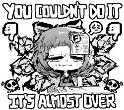 Rule 34 | 1girl, bags under eyes, bow, cirno, commentary, emoji, english text, greyscale, hair bow, inawon, monochrome, skull and crossbones, solo, symbol-only commentary, thumbs down, touhou, wavy mouth
