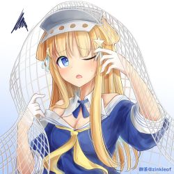 Rule 34 | 1girl, absurdres, blonde hair, blue background, blue eyes, blue shirt, blush, breasts, cargo net, chinese commentary, cleavage, commentary request, double bun, fletcher (kancolle), fletcher mk ii (kancolle), gloves, gradient background, hair bun, hair ornament, hairband, highres, kantai collection, long hair, looking at viewer, medium breasts, neckerchief, off shoulder, one eye closed, open mouth, sailor collar, school uniform, serafuku, shirt, solo, star (symbol), star hair ornament, upper body, white background, white gloves, white sailor collar, yellow neckerchief, yu cha
