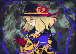 Rule 34 | 1girl, abstract, black hat, commentary, from side, gloves, green eyes, green hair, hat, highres, komeiji koishi, long hair, looking at viewer, parted lips, red gloves, shirt, sideways glance, smirk, solo, tabazi, third eye, touhou, upper body, yellow shirt