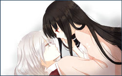 Rule 34 | 2girls, bad id, bad pixiv id, black hair, green eyes, hand on another&#039;s face, houraisan kaguya, lips, long hair, long sleeves, looking at another, lying, multiple girls, on back, profile, red eyes, silver hair, simple background, sui (camellia), touhou, white background, wide sleeves, yagokoro eirin, yuri
