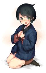 Rule 34 | 10s, 1girl, :d, absurdres, black hair, black socks, blush, brown skirt, coat, feet, green eyes, hands on own chest, hanten (clothes), head tilt, highres, kantai collection, kneehighs, kneeling, long sleeves, looking at viewer, metindone, mogami (kancolle), nose blush, open mouth, own hands together, seiza, short hair, shorts, simple background, sitting, skirt, smile, socks, solo, striped, sweater, uniform, white background