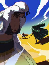 Rule 34 | 1girl, 2boys, absurdres, back, blue shorts, blunt ends, coat, commentary, cowboy hat, crocodile (one piece), crop top, cross-laced clothes, cross-laced top, desert, fur coat, fur collar, green coat, hat, highres, kj kc2, looking back, miniskirt, monkey d. luffy, multiple boys, nico robin, one piece, purple shirt, purple skirt, red coat, sand, sandals, shirt, shorts, skirt, sky, straw hat, symbol-only commentary, white coat, white headwear