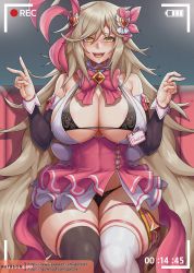 Rule 34 | 1girl, ahoge, areola slip, asymmetrical legwear, black bra, black panties, black thighhighs, bow, bowtie, bra, breasts, brown hair, cleavage, detached sleeves, double v, faucre the evil overlord, furrowed brow, gem, gonster, hair ornament, highres, lace, lace-trimmed bra, lace-trimmed panties, lace trim, large breasts, last origin, lips, long hair, looking at viewer, open mouth, panties, recording, revealing clothes, sitting, solo, string bra, string panties, sweat, swept bangs, thigh strap, thighhighs, thighs, thong, underwear, uneven legwear, v, white background, yellow eyes