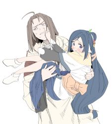 Rule 34 | 1boy, 1girl, absurdres, ahoge, ainu clothes, animal ears, aquaplus, black hair, blue eyes, blush, boots, brown hair, carrying, closed mouth, dress, hair ornament, haku (utawarerumono), hand on another&#039;s back, hand on another&#039;s cheek, hand on another&#039;s thigh, highres, holding, holding person, kuon (utawarerumono), layered sleeves, long hair, long sleeves, looking to the side, nadaru915, nervous, ponytail, sweat, swept bangs, teeth, utawarerumono, utawarerumono: itsuwari no kamen, very long hair