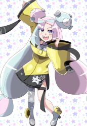 Rule 34 | 1girl, blue hair, character hair ornament, coat, creatures (company), game freak, gen 1 pokemon, grey footwear, grey pantyhose, hair ornament, highres, igarashi gozo, iono (pokemon), long hair, looking at viewer, magnemite, multicolored hair, nintendo, open mouth, pantyhose, pink hair, pokemon, pokemon sv, purple eyes, sharp teeth, single leg pantyhose, sleeves past wrists, smile, teeth, thigh strap, twintails, two-tone hair, upper teeth only, very long hair, yellow coat