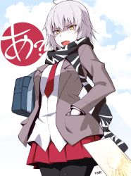 Rule 34 | 1girl, ?, ahoge, bag, black pantyhose, black scarf, blue sky, cloud, cloudy sky, commentary request, cowboy shot, fang, fate/grand order, fate (series), grey jacket, hand in pocket, highres, jacket, jeanne d&#039;arc (fate), jeanne d&#039;arc alter (avenger) (fate), jeanne d&#039;arc alter (fate), long sleeves, looking at viewer, nakamura yukitoshi, necktie, open mouth, pantyhose, pleated skirt, red necktie, red skirt, scarf, school bag, school uniform, shirt, short hair, shoulder bag, silver hair, skirt, sky, solo, standing, summon ticket (fate), white shirt, yellow eyes