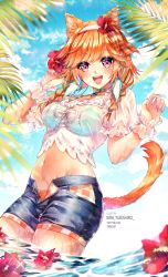 Rule 34 | 1girl, adjusting clothes, adjusting headwear, animal ears, aqua bikini, artist name, bikini, blouse, blurry, blurry foreground, braid, breasts, cat ears, cat girl, cat tail, choker, cloud, collarbone, colorful, commentary, cowboy shot, curled fingers, english commentary, flower, frilled cuffs, frilled sleeves, frills, hair flower, hair ornament, hand up, headband, hibiscus, highres, hololive, hololive english, kira yukishiro, lips, looking at viewer, medium breasts, nail polish, navel, open clothes, open mouth, open shorts, orange hair, outdoors, parted bangs, pink eyes, pink nails, pixiv id, plant, see-through, see-through shirt, shiny clothes, shirt, short hair, short shorts, short sleeves, shorts, sky, solo, sparkle, standing, swimsuit, tail, takanashi kiara, takanashi kiara (casual), teeth, twin braids, twitter username, upper teeth only, virtual youtuber, water, wet, wet clothes, white headband, white shirt