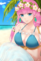 Rule 34 | 1girl, bad id, bad pixiv id, beach, bikini, blue eyes, blue sky, breasts, cleavage, closed mouth, cloud, day, earrings, fire emblem, fire emblem heroes, gunnthra (fire emblem), head wreath, highres, jewelry, knees up, large breasts, long hair, nintendo, outdoors, pazuzu438, pink hair, sitting, sky, smile, solo, swimsuit, water