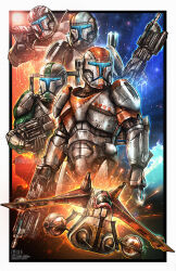 Rule 34 | 4boys, aiming, aircraft, arm blade, assault visor, border, boss (star wars), canopy (aircraft), clone trooper, commentary, english commentary, explosion, fixer (star wars), glint, gun, head tilt, highres, holding, holding gun, holding weapon, laat/i, looking to the side, male focus, multiple boys, science fiction, scorch (star wars), sev (star wars), shanemolina, space, star wars, star wars: republic commando, watermark, weapon, white border
