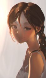 Rule 34 | 1girl, bare shoulders, blush, braid, brown hair, commentary, dress, female focus, from side, gradient background, grey background, grey eyes, hair between eyes, half-closed eye, lips, litra (ltr0312), long hair, looking at viewer, looking to the side, original, parted lips, single braid, smirk, smug, solo, sundress, uneven eyes, upper body, white dress