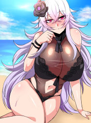 Rule 34 | 1girl, azur lane, bare shoulders, beach, black flower, black one-piece swimsuit, blue sky, blush, breasts, cleavage, clothing cutout, day, embarrassed, eyebrows, flower, glowing, graf zeppelin (azur lane), graf zeppelin (beachside urd) (azur lane), hair between eyes, hair flower, hair ornament, half-closed eyes, halterneck, head tilt, highleg, highleg swimsuit, hip vent, huge breasts, leaning to the side, legs together, light purple hair, long hair, looking at viewer, navel, navel cutout, nishida megane, ocean, one-piece swimsuit, outdoors, parted bangs, red eyes, sand, see-through, sidelocks, sitting, skindentation, sky, solo, swimsuit, thighs, very long hair