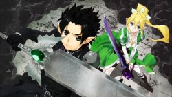 Rule 34 | 10s, 1boy, 1girl, accel world, black hair, black lotus (accel world), blonde hair, breasts, cleavage, creator connection, crossover, elf, end card, green eyes, kabashima yousuke, kirito, kirito (sao-alo), leafa, objectification, official art, personification, pointy ears, screencap, silver crow, sword, sword art online, weapon