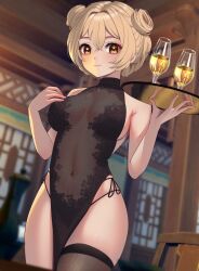 Rule 34 | 1girl, alternate hairstyle, baobei (baobei bu), bare arms, black dress, black thighhighs, blonde hair, blurry, blurry background, breasts, china dress, chinese clothes, closed mouth, cowboy shot, cup, double bun, dress, drinking glass, genshin impact, hair bun, highres, holding, holding tray, looking at viewer, lumine (genshin impact), medium breasts, navel, open mouth, panties, panty peek, pelvic curtain, see-through, see-through dress, short hair, single thighhigh, smile, solo, thighhighs, tray, underwear, yellow eyes