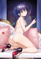 Rule 34 | 1girl, ass, back, bare legs, blue hair, blush, bow, bra, breasts, cameltoe, cityscape, comic bavel, couch, frilled bra, frills, hair between eyes, high heels, highres, kneeling, leaning forward, legs, looking at viewer, night, night sky, nipples, on couch, original, panties, parted bangs, pillow, reflection, sekiya asami, short hair, sideboob, sky, small breasts, smile, solo, tail, two side up, underwear, white bow, white bra, white panties, window, yellow eyes