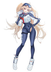 Rule 34 | 1girl, absurdres, ahoge, azur lane, black gloves, blonde hair, bluecher (azur lane), bluecher (high-altitude head over heels) (azur lane), bodysuit, cropped jacket, full body, gloves, goggles, goggles on head, highres, jacket, long hair, long sleeves, looking at viewer, multicolored clothes, multicolored jacket, official alternate costume, open mouth, red eyes, shoes, simple background, smile, sneakers, solo, twintails, two-tone jacket, white background, zuihou de miao pa si