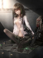 1girl, assault rifle, black hair, black panties, breasts, brown eyes, brown hair, cleaning gun, cleavage, clip studio paint (medium), digital media player, girls frontline, gun, headphones, headphones around neck, highres, indian style, long hair, long sleeves, looking at viewer, m4 carbine, m4a1 (girls frontline), multicolored hair, navel, open clothes, open mouth, open shirt, panties, pantyhose, rifle, shirt, shumeia, sitting, small breasts, solo, streaked hair, thighhighs, underwear, weapon, white shirt