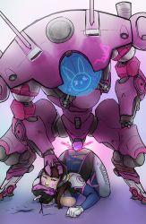 Rule 34 | &gt; &lt;, 1girl, artist request, breasts, brown hair, d.va (overwatch), closed eyes, facial mark, highres, mecha, mouth hold, nipples, overwatch, overwatch 1, paxil, robot, sex machine, top-down bottom-up, torn, torn clothes