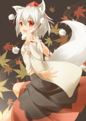 Rule 34 | 1girl, animal ears, black background, detached sleeves, eyebrows, fang, female focus, hat, highres, inubashiri momiji, leaf, leg up, long sleeves, looking at viewer, maple leaf, midriff, open hand, open mouth, outstretched arms, pom pom (clothes), red eyes, sakurea, sarashi, short hair, simple background, skirt, smile, solo, tail, tokin hat, touhou, white hair, wide sleeves, wolf ears, wolf tail