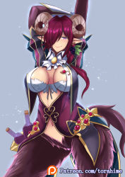 Rule 34 | 1girl, alcohol, areola slip, arm up, breasts, brooch, cowboy shot, food, fruit, fur, grapes, highres, horns, jewelry, large breasts, monster girl, monster girl encyclopedia, navel, one eye covered, patreon, patreon logo, patreon username, pink eyes, red hair, satyros (monster girl encyclopedia), sheep horns, sideboob, simple background, smile, solo, torahime (roland00), watermark, web address, wine