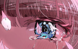 Rule 34 | 1girl, absurdres, blue eyes, blunt bangs, brown hair, close-up, crying, eye focus, eyelashes, falling petals, flat color, halftone texture, highres, looking at viewer, natsugu72, original, petals, red theme, solo, streaming tears, tears