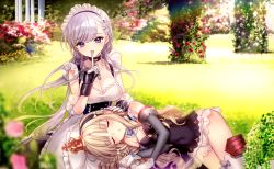 Rule 34 | 2girls, azur lane, bad id, bad pixiv id, belfast (azur lane), blonde hair, blurry, braid, chain, closed eyes, collar, collarbone, covered navel, crown, day, depth of field, detached sleeves, finger to mouth, garden, gloves, half updo, lap pillow, long hair, looking at viewer, maid, maid headdress, mini crown, multiple girls, open mouth, outdoors, purple eyes, queen elizabeth (azur lane), rigging, shushing, sidelocks, silver hair, sleeping, smile, tsukigami runa, white gloves
