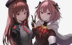 Rule 34 | 1boy, 1girl, absurdres, armor, armored gloves, astolfo (fate), beret, black headwear, black jacket, black shirt, bow, breasts, brown hair, cloak, collared shirt, cropped jacket, emblem, fate/apocrypha, fate/grand order, fate (series), frown, fur-trimmed cloak, fur collar, fur trim, gloves, goddess of victory: nikke, gorget, grin, hair bow, hair intakes, hat, highres, jacket, long hair, looking at viewer, medium breasts, mikkotine, multiple hair bows, necktie, parted lips, pink eyes, pink hair, rapi (nikke), reaching, reaching towards viewer, red eyes, red jacket, red necktie, shirt, sidelocks, simple background, smile, trap, two-sided fabric, two-sided jacket, v, white background, white cloak
