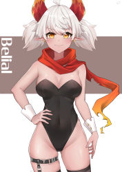 Rule 34 | 1girl, ahoge, animal ears, bare shoulders, black leotard, blush, breasts, brown background, brown thighhighs, closed mouth, commentary, covered navel, cowboy shot, dark-skinned female, dark skin, earrings, fake animal ears, fangs, fangs out, grey hair, groin, hair between eyes, hand on own hip, highleg, highleg leotard, highres, horns, jewelry, leotard, looking at viewer, medium breasts, orange eyes, original, playboy bunny, pointy ears, rabbit ears, rabbit girl, skindentation, solo, strapless, strapless leotard, thighhighs, twintails, two-tone background, white background, wrist cuffs, ying jing meng