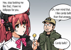 Rule 34 | 1boy, 1girl, beard, beret, black hair, black shirt, candy, collared shirt, comic, commander (girls&#039; frontline), english text, engrish text, facial hair, food, girls&#039; frontline, glasses, gradient background, hat, headphones, henshako, lollipop, looking at another, mp7 (girls&#039; frontline), mustache, off-shoulder jacket, off shoulder, ranguage, red hair, red ribbon, ribbon, shirt, side ponytail, sidelocks, striped ribbon, stubble, t-shirt, typo, vest, yellow eyes