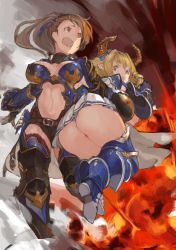 Rule 34 | 2girls, armor, ass, beatrix (granblue fantasy), belt, blonde hair, blue eyes, breasts, brown eyes, brown hair, carrying, carrying under arm, cleavage, commentary request, draph, explosion, gauntlets, gloves, granblue fantasy, greaves, highres, horns, large breasts, long hair, multiple girls, n9+, navel, open mouth, pointy ears, ponytail, razia, skirt, tears, thighhighs, very long hair, white skirt