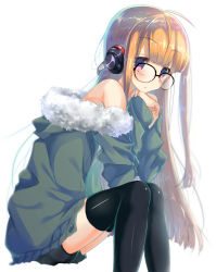 Rule 34 | 10s, 1girl, ahoge, arm support, black-framed eyewear, black thighhighs, blonde hair, blush, fur collar, fur trim, glasses, headphones, jacket, leaning forward, long hair, long sleeves, looking at viewer, momijiko, multicolored hair, off shoulder, open clothes, open jacket, own hands clasped, own hands together, persona, persona 5, purple eyes, sakura futaba, short shorts, shorts, silver hair, simple background, sitting, sleeves past wrists, solo, squatting, thighhighs, white background