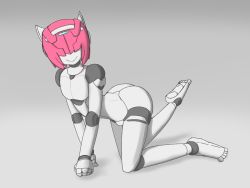 Rule 34 | 1boy, all fours, android, ankouankou, bulge, full body, hair over eyes, joints, looking at viewer, male focus, pink hair, poorly drawn, robot joints, robot neoanthropinae polynian, shamrock (polynian), smile, solo, trap