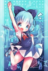Rule 34 | 1girl, akisha, arm up, bad id, bad pixiv id, blue dress, blue eyes, blue hair, cirno, dress, fang, highres, ice, ice wings, matching hair/eyes, open mouth, puffy short sleeves, puffy sleeves, shoes, short sleeves, smile, sneakers, solo, touhou, wings