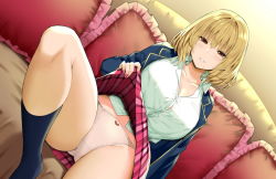 Rule 34 | 1girl, blazer, blonde hair, bob cut, breasts, clothes lift, collarbone, collared shirt, half-closed eyes, highres, jacket, knee up, large breasts, lifted by self, mole, mole under mouth, nail polish, on bed, open clothes, open jacket, original, panties, parted lips, pink nails, plaid, plaid skirt, red eyes, school uniform, shirt, sitting, skirt, skirt lift, sky-freedom, smile, socks, solo, underwear, uniform, white shirt
