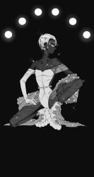 Rule 34 | 1other, androgynous, ankle boots, bare shoulders, beads, boots, cairngorm (houseki no kuni), dark skin, elbow gloves, flat chest, full body, gloves, greyscale, hands on own thighs, highres, houseki no kuni, leuvenklasse, looking at viewer, monochrome, moon phases, moon uniform (houseki no kuni), on one knee, other focus, profile, see-through, see-through sleeves, shawl, short hair, short sleeves, sideways glance, simple background, single glove, solo, sparkle, spread legs